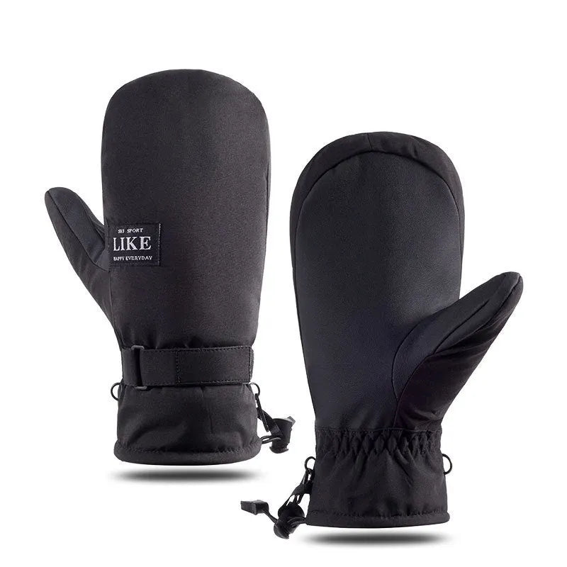 A pair of thick black winter cycling mittens with touch screen fingertips on a bicycle handlebar.