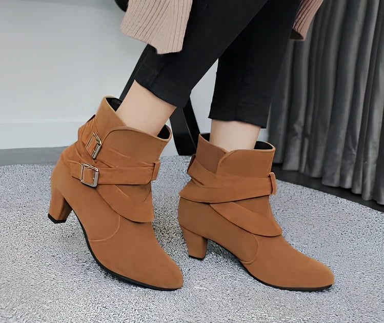 Women's suede ankle boots in beige with 6-8cm heel, side zipper, and rubber sole for warm casual wear