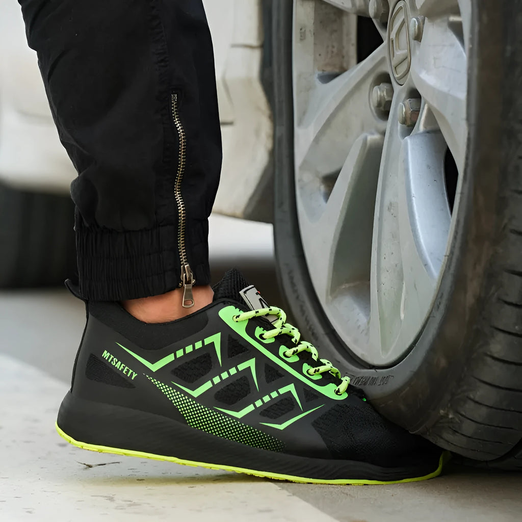 Black ultra-light safety work shoes with a steel toe cap and lace-up front.