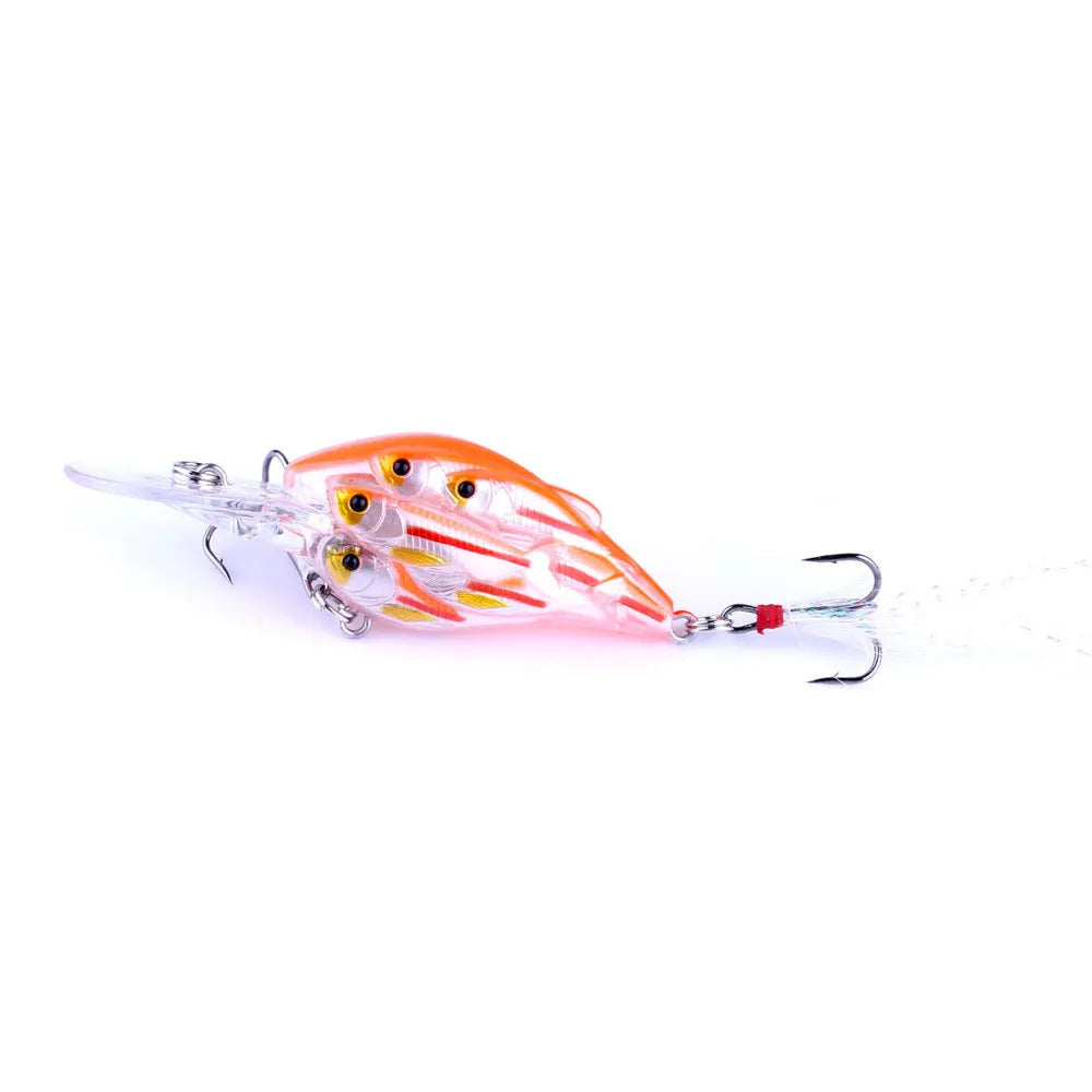 A 7.5 cm long ABS plastic fishing lure with a feather hook, shown in one of nine available colours.