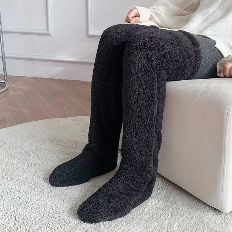 Cozy over-the-knee fuzzy socks in various colors, designed to keep your legs and knees warm during the winter season.