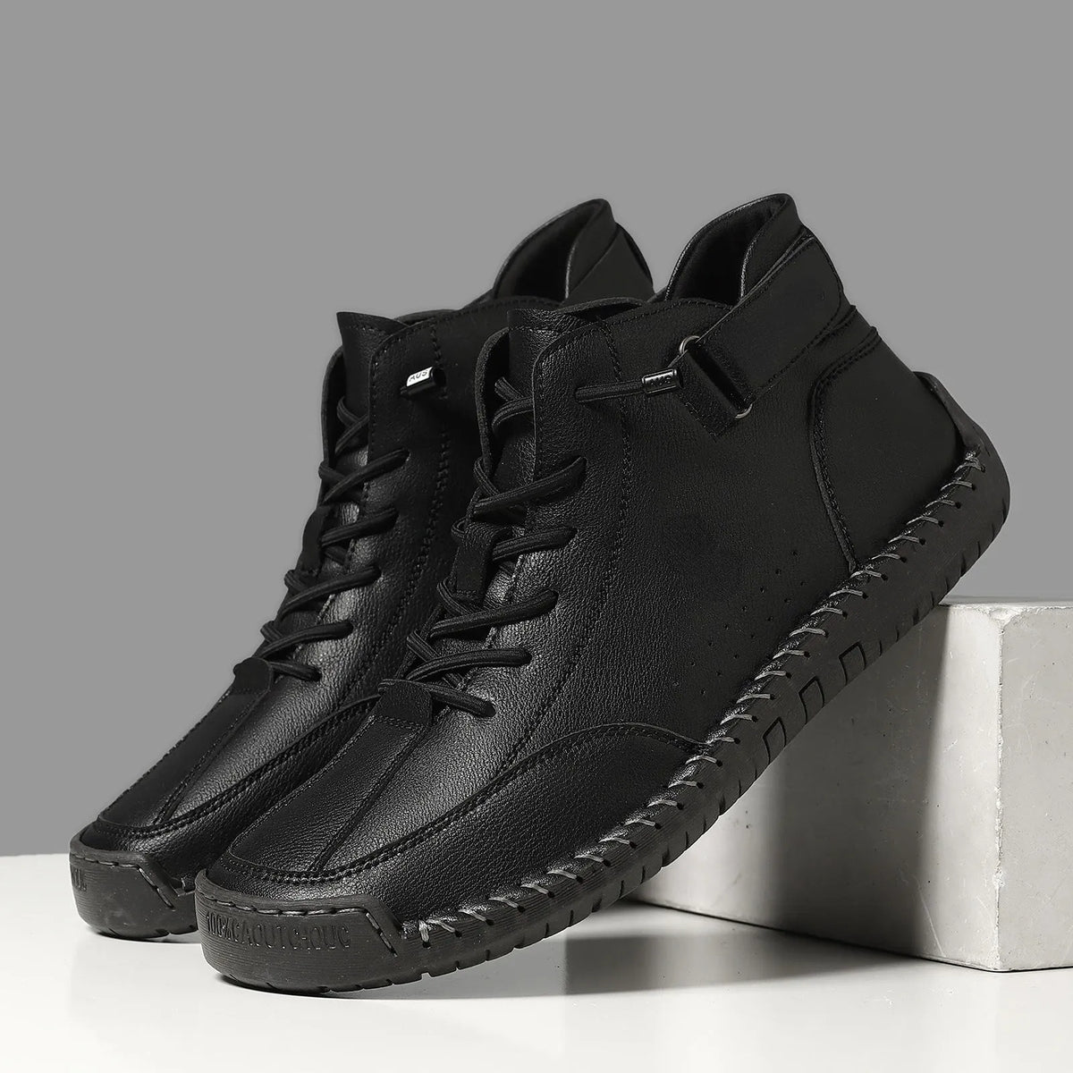 Handmade stitching Martin boots spring high top microfiber upper rubber sole flat heel round toe in black gray khaki with pattern
