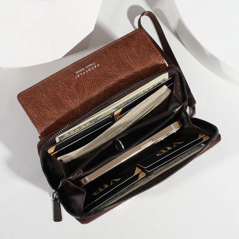 Men's black PU leather wallet with multiple card slots, shown next to a brown and coffee version, displaying slim 19cm profile.
