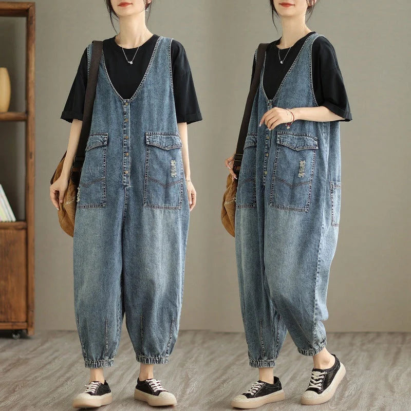 Women's denim tank top jumpsuit with Hong Kong breeze style and relaxed fit