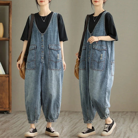 Women's denim tank top jumpsuit with Hong Kong breeze style and relaxed fit