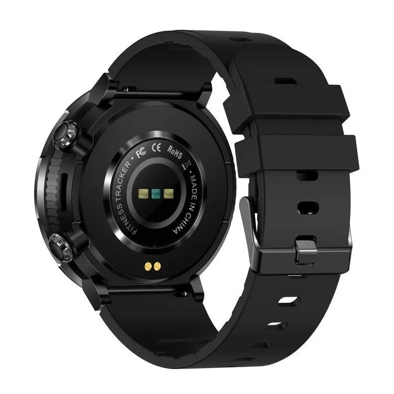 T30 smart watch with black silicone strap showing IPS screen displaying heart rate data.
