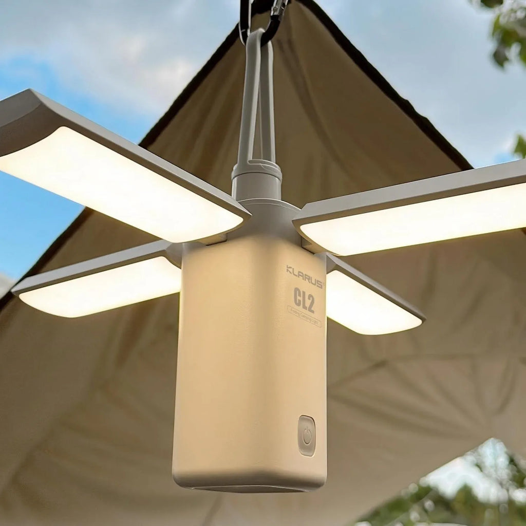 White and green rechargeable LED campsite lamp with built-in battery for outdoor use
