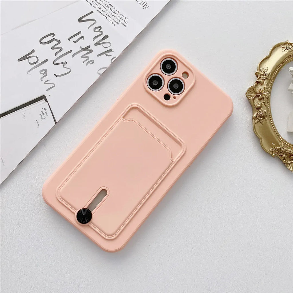 Card holder silicone fine hole phone case for iPhone showing card slot and lanyard loop in black