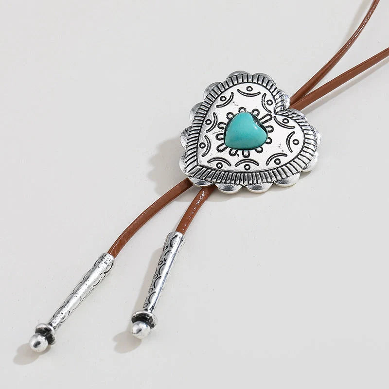 Retro Turquoise Cross Necklace with heart-shaped alloy pendant