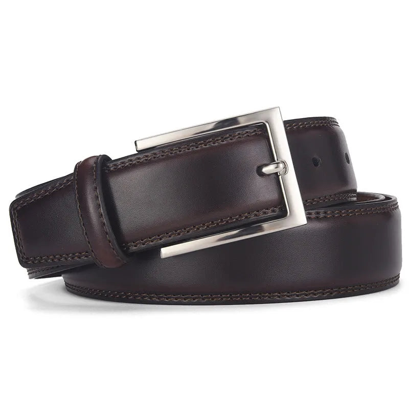 Men's black genuine leather belt with a silver pin buckle shown on a flat surface