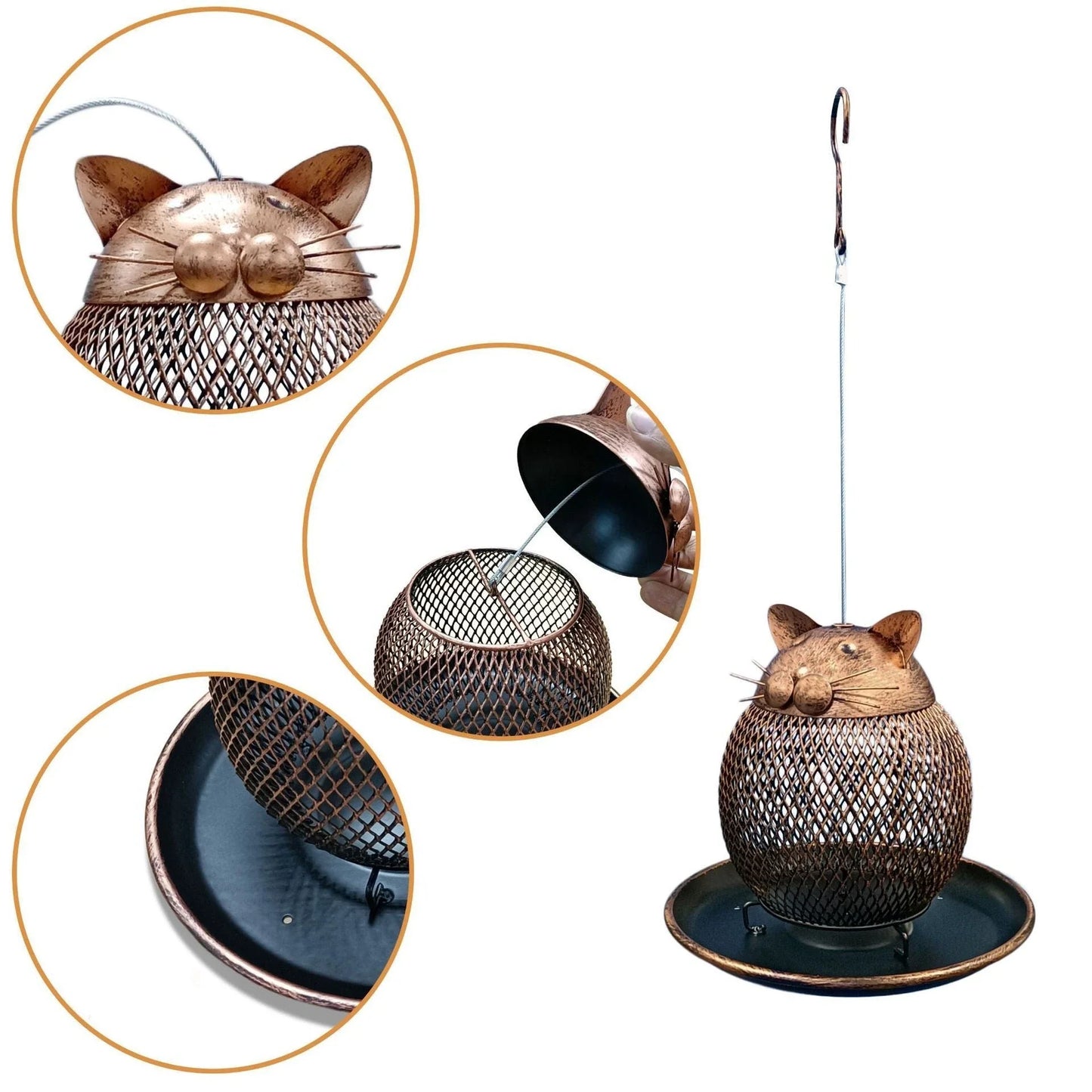 Vintage cat-shaped iron bird feeder with mesh design for garden decoration