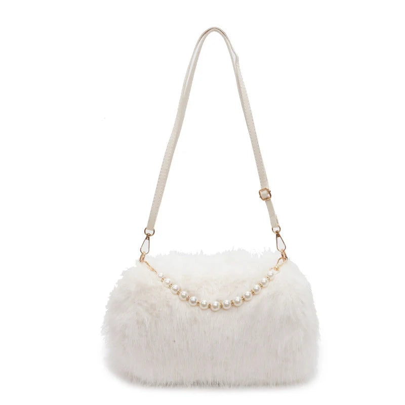 Autumn and winter pearl chain crossbody bag in plush material, available in multiple colours