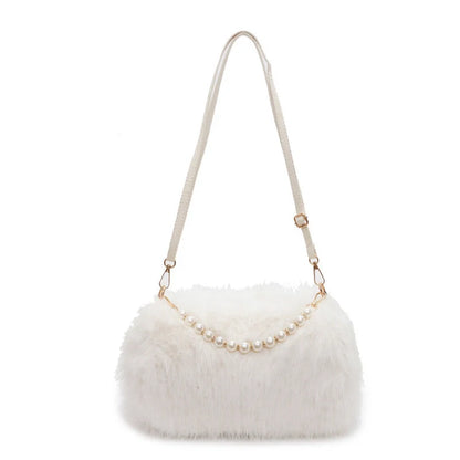 Autumn and winter pearl chain crossbody bag in plush material, available in multiple colours