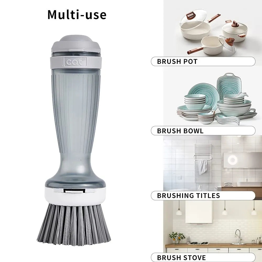 Pot brush with soap dispenser in mint green colour showing replaceable brush head and non-scratch bristles