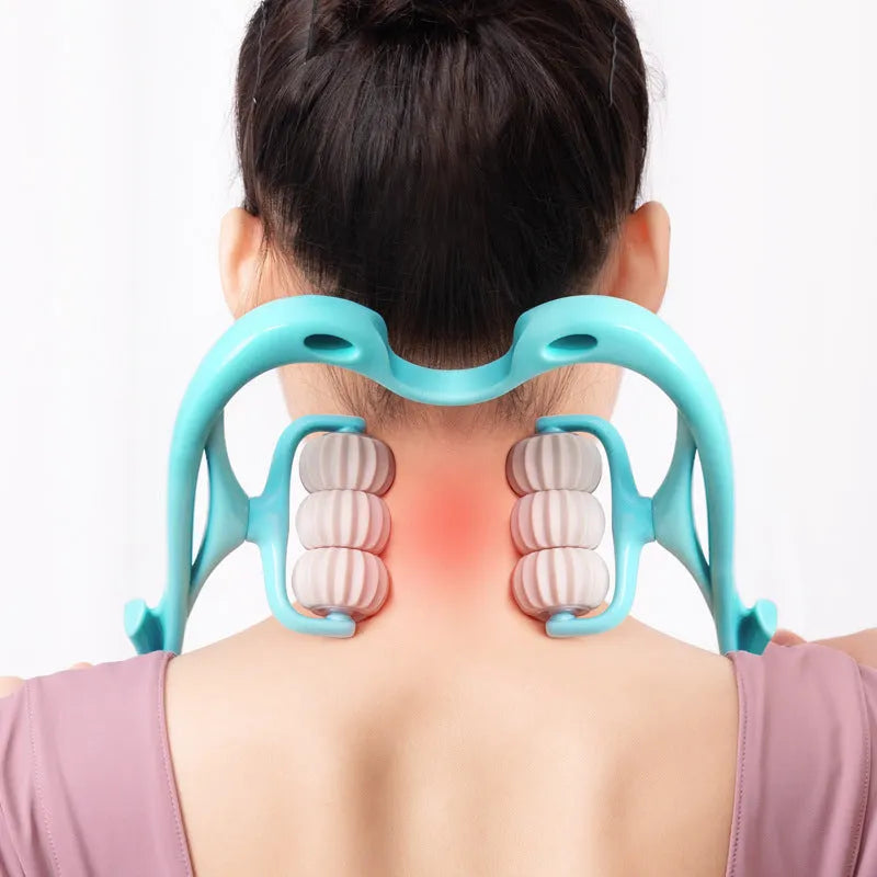 Blue plastic hand-held massager with six white wheels for neck, shoulder, and waist muscles.