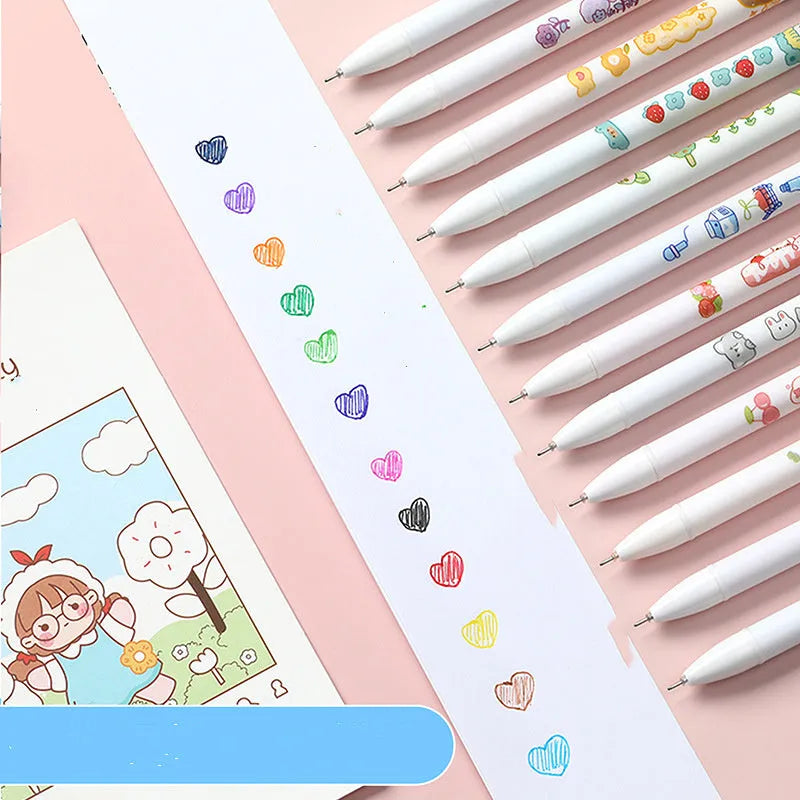 Twelve 0.5mm gel pens in assorted colours in a plastic case for journal and accounting use