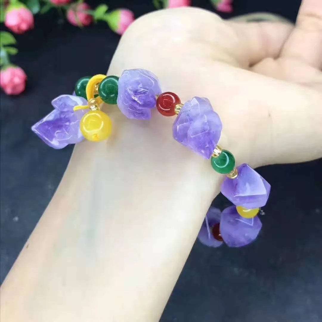 Purple amethyst bracelet with natural shaped beads and Chinese fu character charm for women
