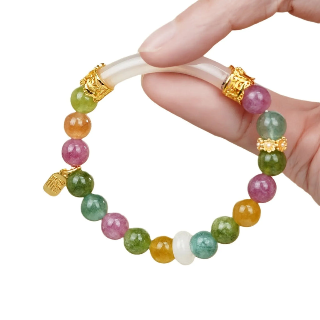 Rainbow coloured electroplated half bracelet for women made from jade and tourmaline.