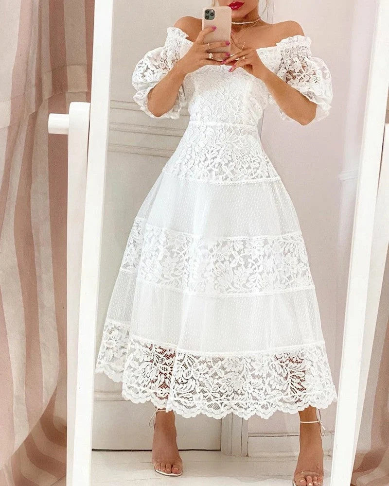Elegant white V-neck lace stitching dress with puff sleeves and large hem