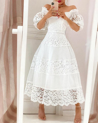 Elegant white V-neck lace stitching dress with puff sleeves and large hem