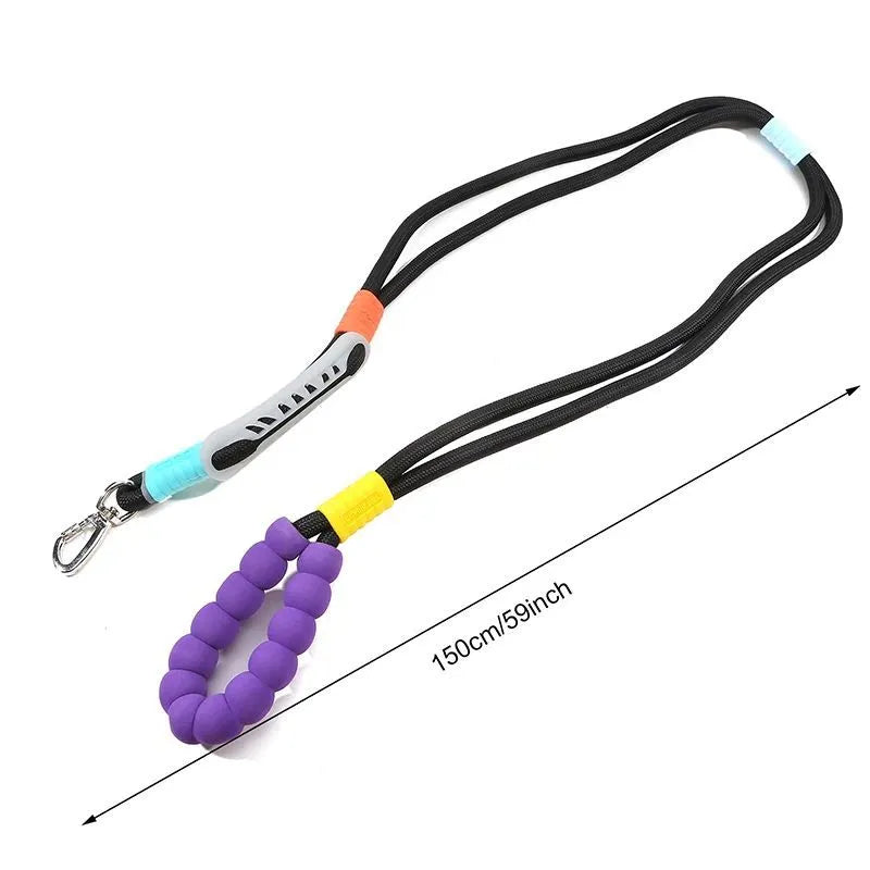 Nylon dog leash with foam handle in four colour options: black, light purple, sky blue, yellow.