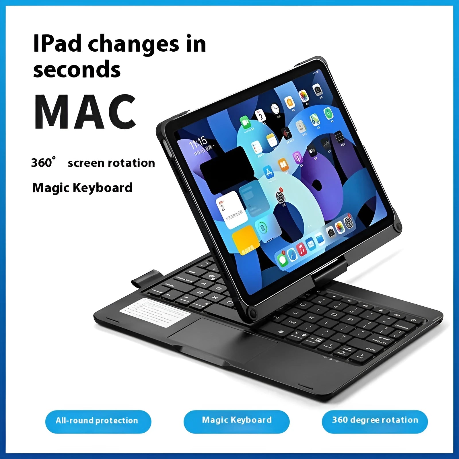 Miaocontrol rotating Bluetooth keyboard case for iPad Air and Pro in silver colour showing 360-degree hinge
