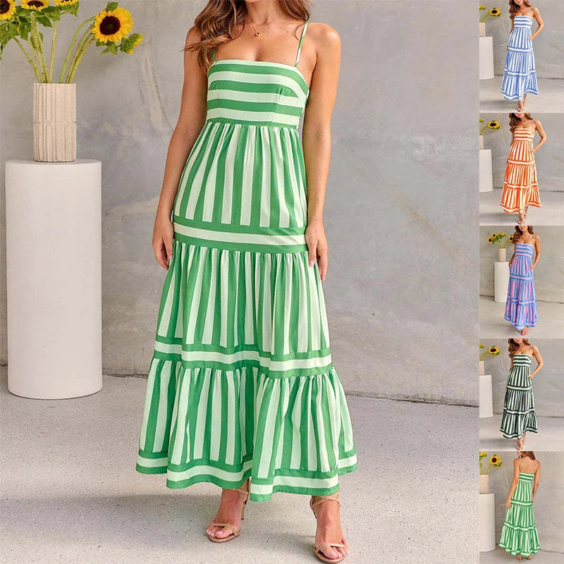 Stylish backless striped dress with square neckline, perfect for beach vacations