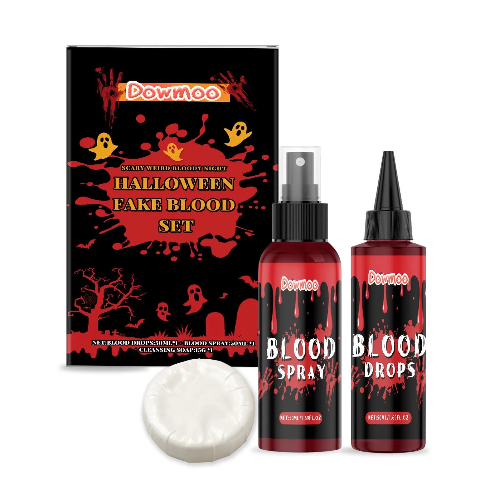 Halloween fake blood makeup set with plasma drops bottle, spray bottle and facial soap