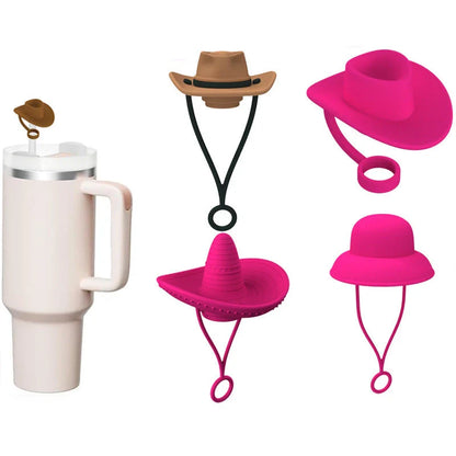 Sturdy Cowboy Hat-shaped straw covers made of food-grade silicone in vibrant colors like red, black, and brown