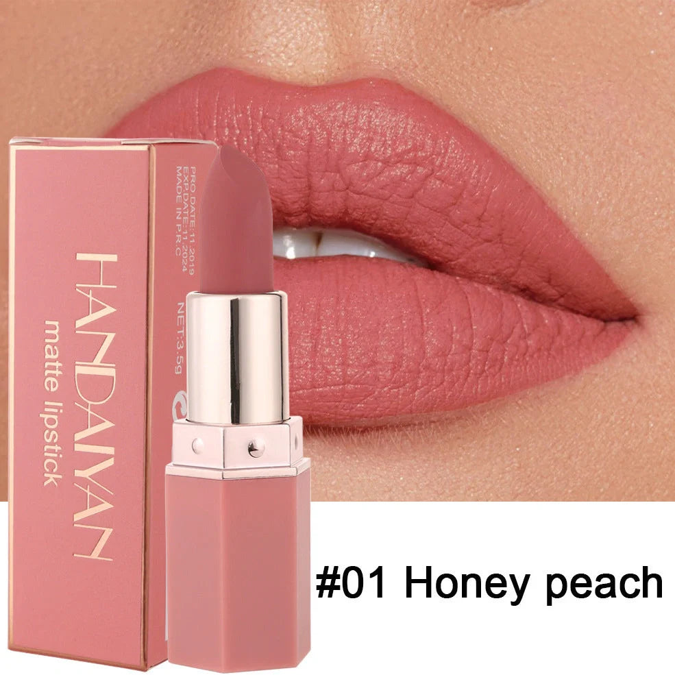 Six colour matte non-stick lipstick with 3.5g formula containing multivitamins and mineral oil