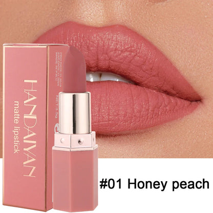 Six colour matte non-stick lipstick with 3.5g formula containing multivitamins and mineral oil