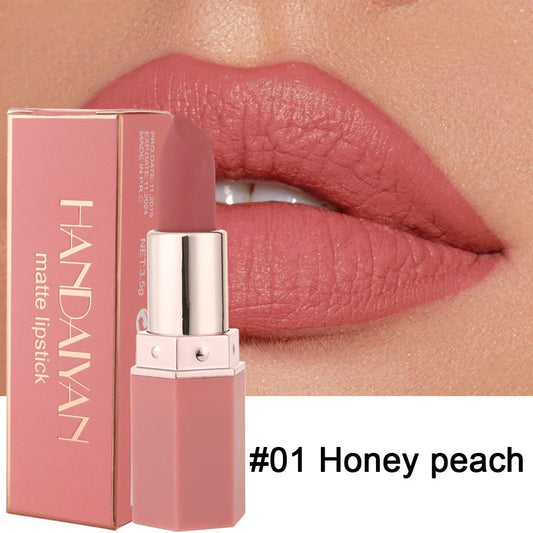 Six colour matte non-stick lipstick with 3.5g formula containing multivitamins and mineral oil