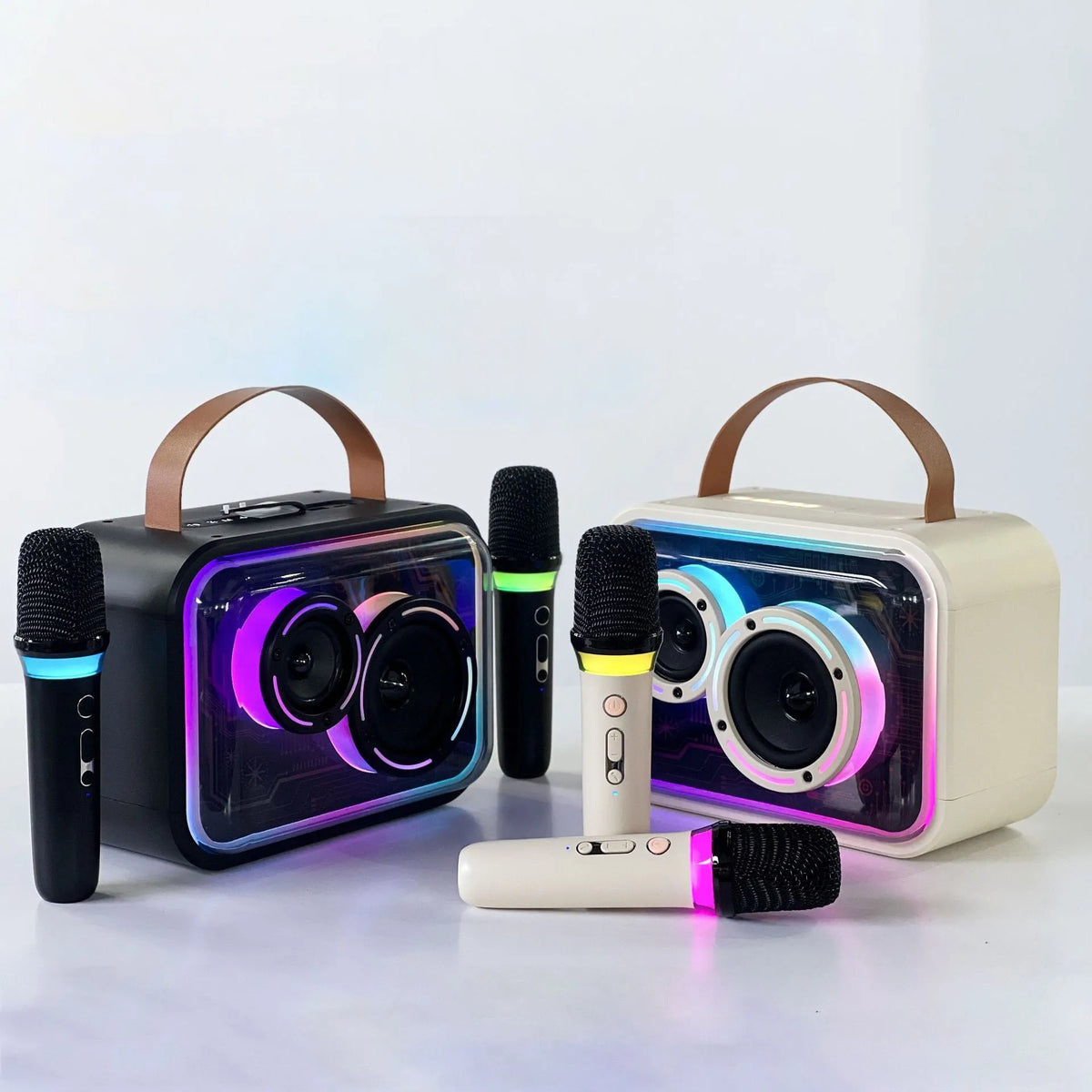 Portable Bluetooth karaoke speaker with RGB lighting in light yellow or black colour options