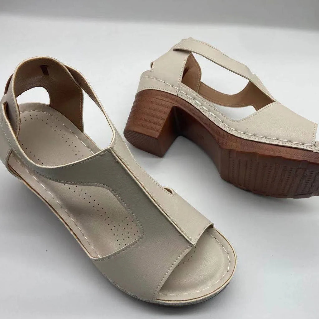 Women's peep toe Roman wedge sandals with buckle strap in light brown