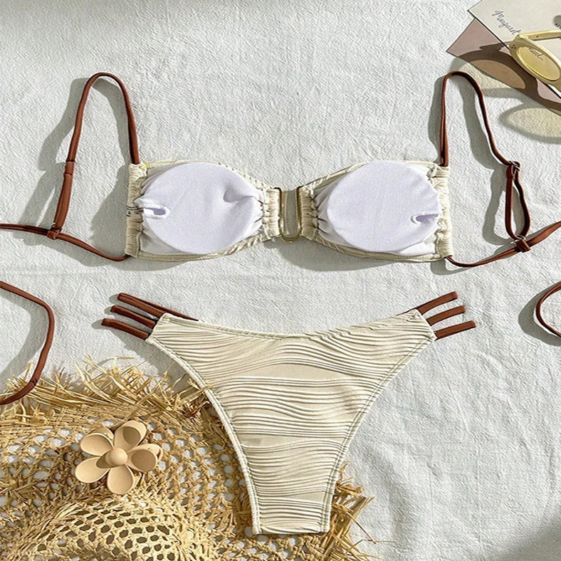 Women's striped polyester swimsuit in khaki, brown, white, black, or green for beach and hot spring activities