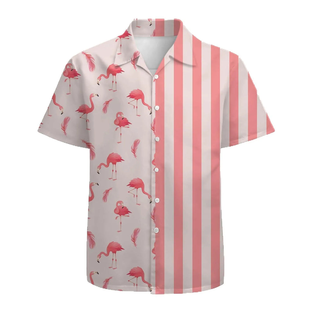 Men's loose fit striped short sleeve shirt with stand collar in chemical blend fabric