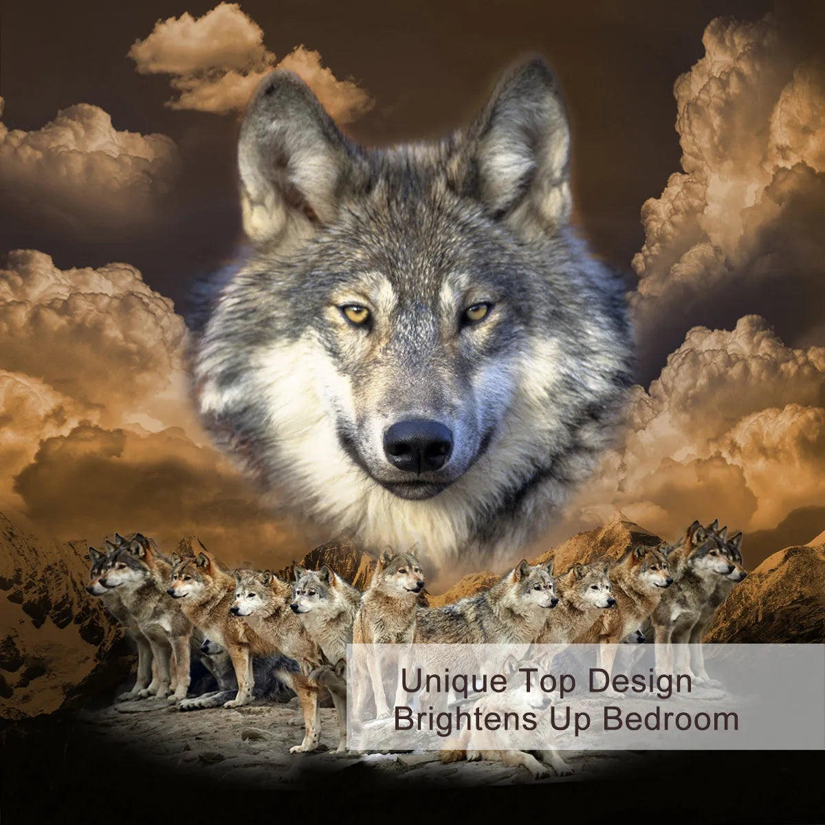 Brown wolf pack design 3 piece bedding set with microfiber comforter and two pillow shams