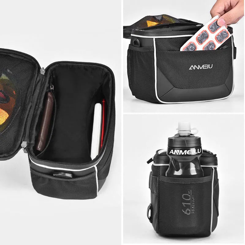Black 7-inch polyester bicycle handlebar bag mounted on bike, showing compact folding design.