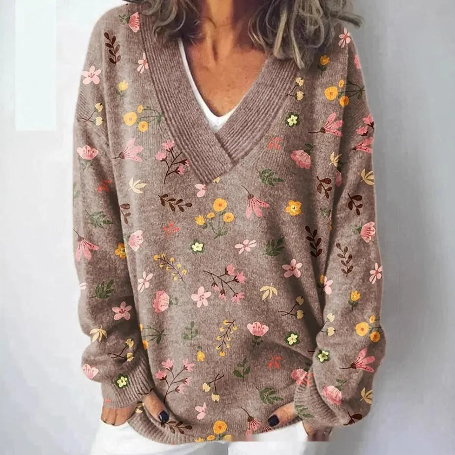 Women's V-neck long sleeve sweatshirt with a detailed 3D floral print in a retro art style.