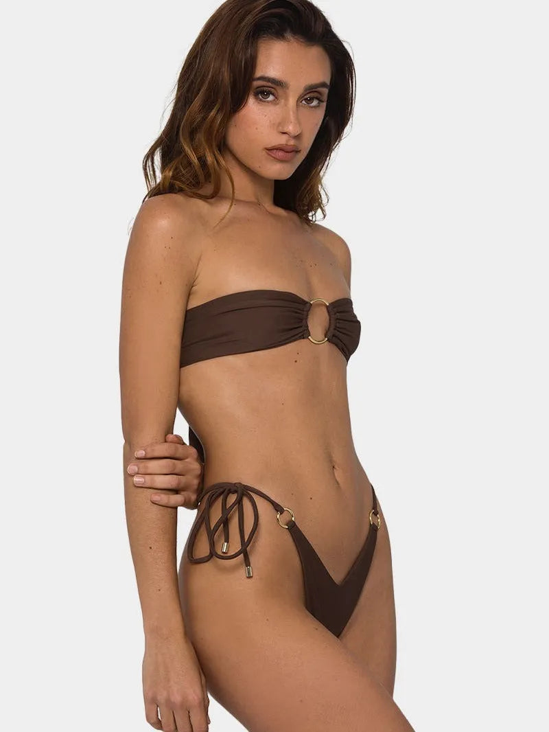 Brown women's tube top bikini swimsuit with an adjustable ring tether and split design.