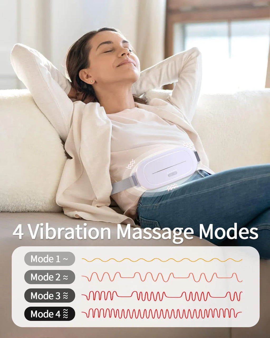 White flexible silicone postpartum abdominal warming device with an adjustable belt.