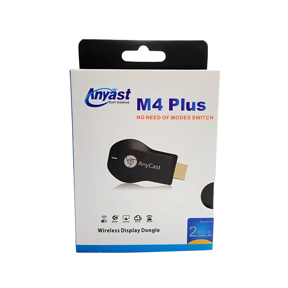 Compact 1080p wireless HDMI dongle in black, 6cm long with USB cable for TV streaming