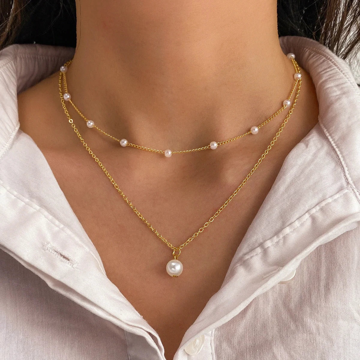 Women's gold double-layer pearl tassel necklace with O-ring chain