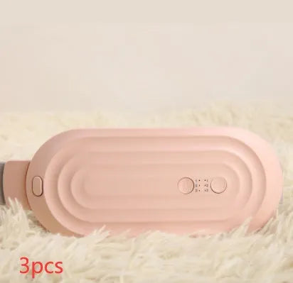 Pink electric heating and massage belt for waist and abdominal pain relief with digital controller.