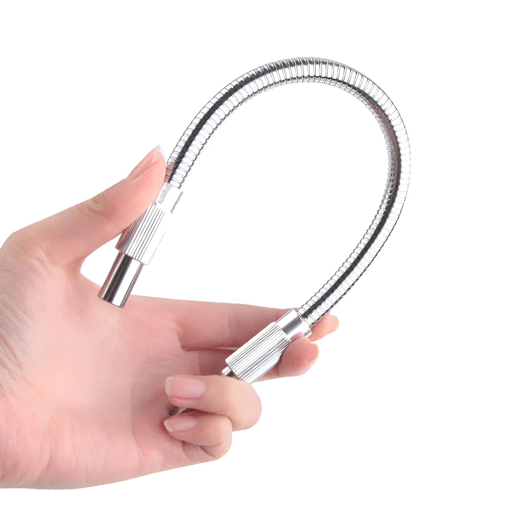 Silver metal flexible shaft extension for cordless drills with 6.35mm shank, shown in various lengths.