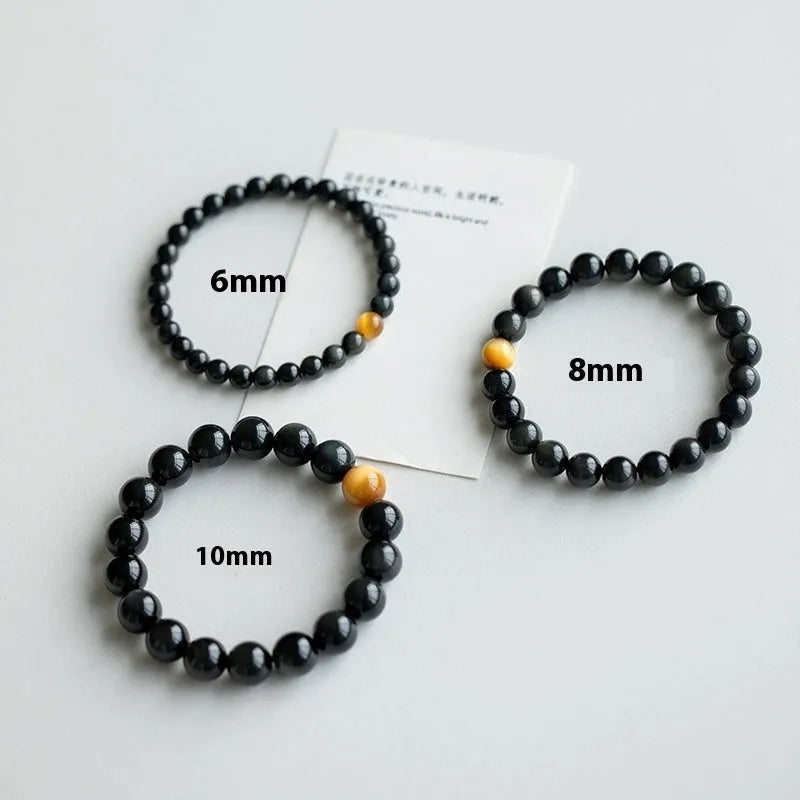 Black obsidian geometric bead bracelet in Korean style, showing 6mm, 8mm and 10mm size options.