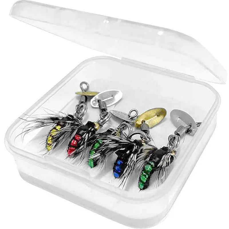 Five bionic poisonous mosquito and fly fishing hooks with multicolour patterns and sequins