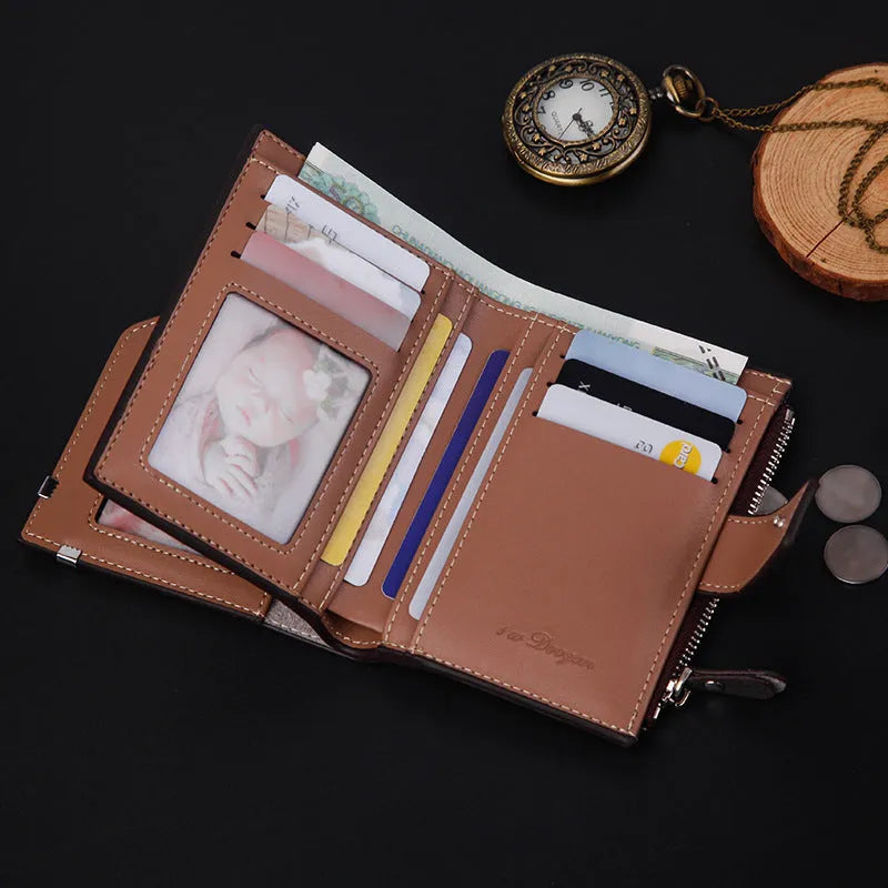 Men's short PU leather wallet with zipper buckle, 12.5x9.8cm, multiple card compartments, colour black