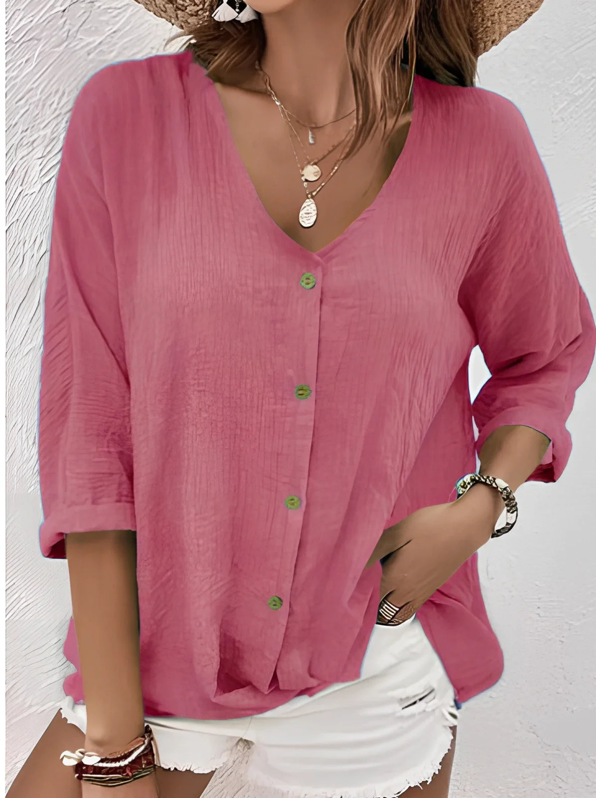 Women's loose V-neck long-sleeved T-shirt in navy blue, button front, polyester fabric, size M with 115cm bust fit