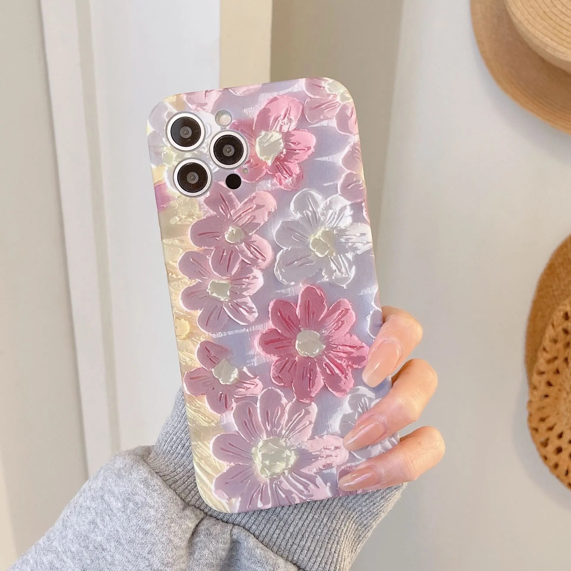 Silicone phone case with oil painting pink flower design for iPhone models, rear cover type